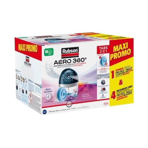 Fuktabsorberande - RUBSON - MAXI PROMO - 4 lavendelpåfyllningar + 1 Aero 360°-apparat 20 m²