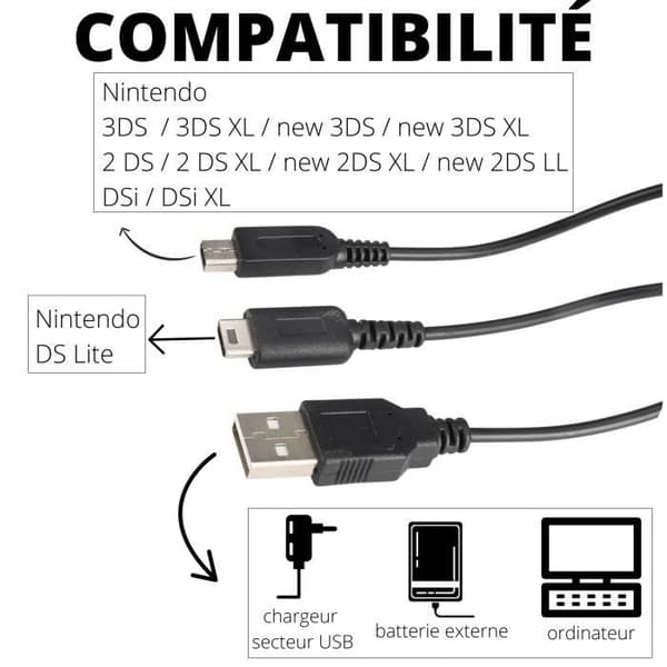 Kabelkompatibel Nintendo 3DS-3DS XL-ny 3DS-ny 3DS XL-2 DS-2 DS XL-ny 2DS XL-ny 2DS LL-DSi-DSi XL-DS Lite [LOT 2] Phonillico®