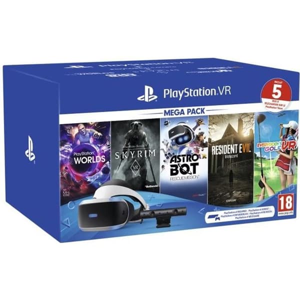 PSVR 2 MK4 MegaPack: PSVR Headset + PS Camera V2 + VR Worlds + Skyrim + Everybody's Golf VR + Resident Evil 7 + Astro Bot- USED