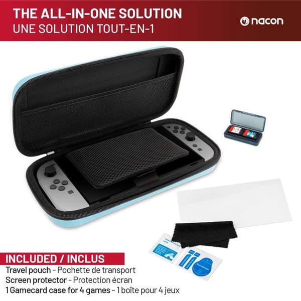 Nacon pack med 3 blå element för Switch 2 | 1 hård väska | 1 skärmskydd | Förvaringslåda för spel