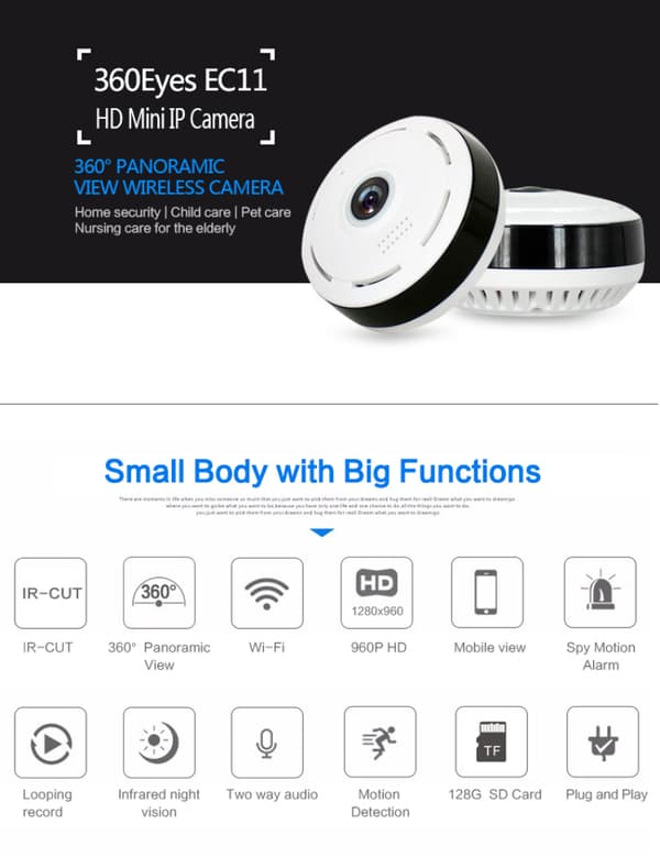 360° IP Övervakningskamera Panorama Full HD 1080P Wifi