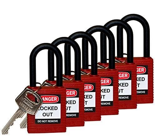 Brady, nylonsäkerhetslås med nylonbygel, röd, 38 mm bygelhöjd, 6,5 mm bygeldiameter (nyckelförsedda) (6-pack) (813594)