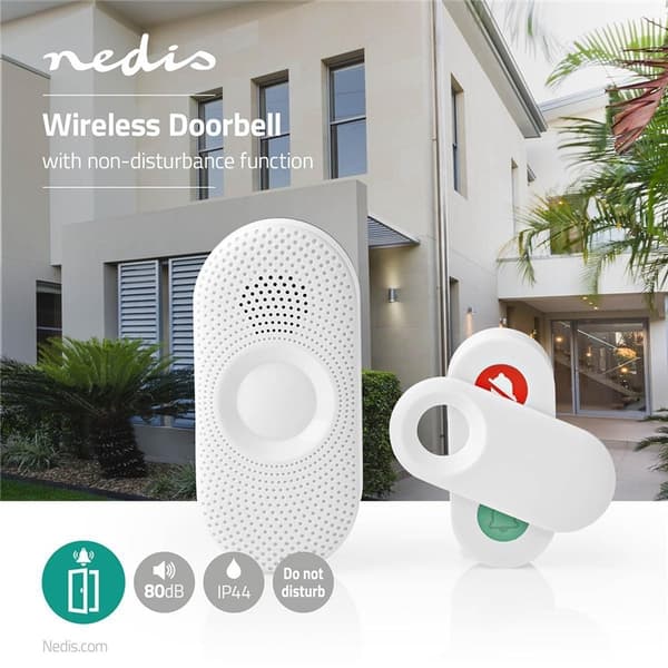 Nedis Trådløst Dørklokke Sæt | Strømforsyning | 220 - 240 V AC 50 Hz | 1x CR2032 | Volume: 80 dB | Signalområde: 300 m | IP44 | Justérbar volume | 36