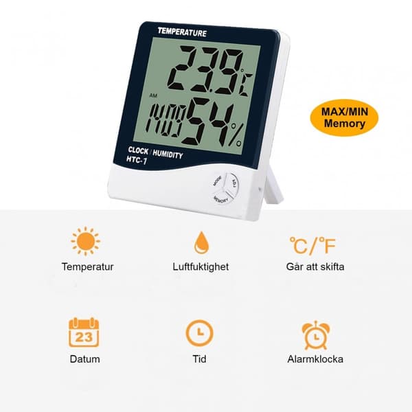 Praktisk vækkeur med temperatur og luftfugtighed