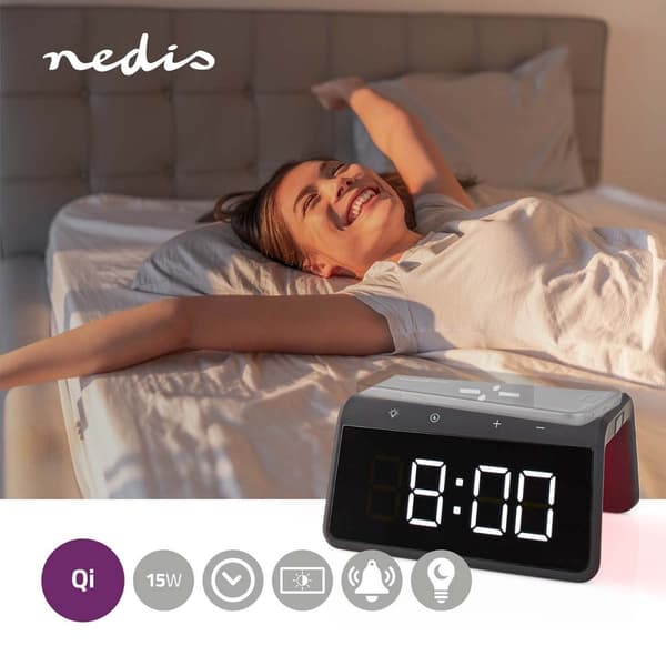 Nedis Vækkeur med Trådlås Ladning | Qi certificeret | 5 / 7.5 / 10 / 15 W | USB-A Han | Natlys | 2 Alarmtider | Snooze funktion