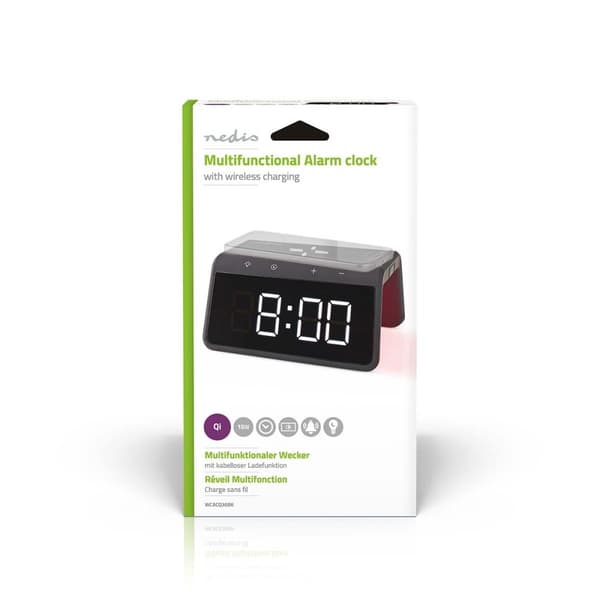Nedis Vækkeur med Trådlås Ladning | Qi certificeret | 5 / 7.5 / 10 / 15 W | USB-A Han | Natlys | 2 Alarmtider | Snooze funktion