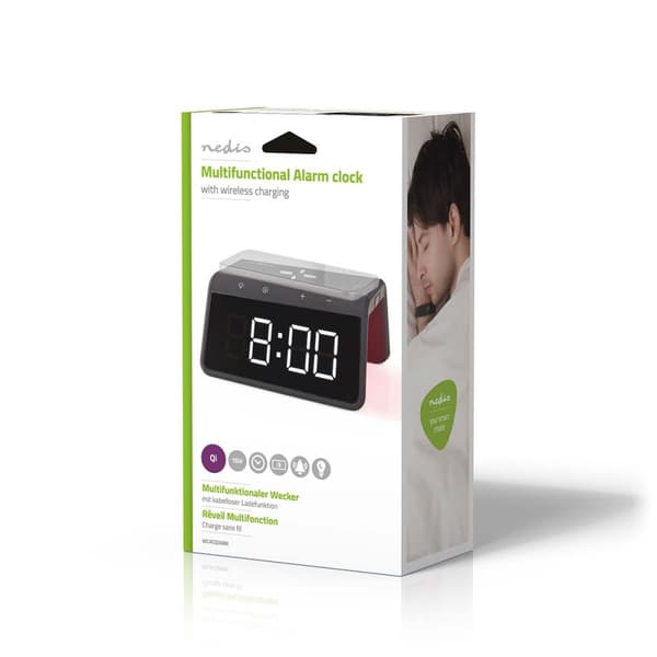 Nedis Vækkeur med Trådlås Ladning | Qi certificeret | 5 / 7.5 / 10 / 15 W | USB-A Han | Natlys | 2 Alarmtider | Snooze funktion