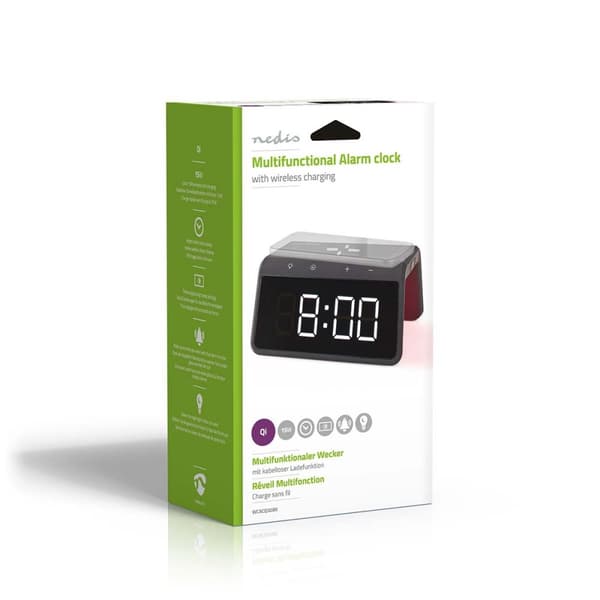 Nedis Vækkeur med Trådlås Ladning | Qi certificeret | 5 / 7.5 / 10 / 15 W | USB-A Han | Natlys | 2 Alarmtider | Snooze funktion