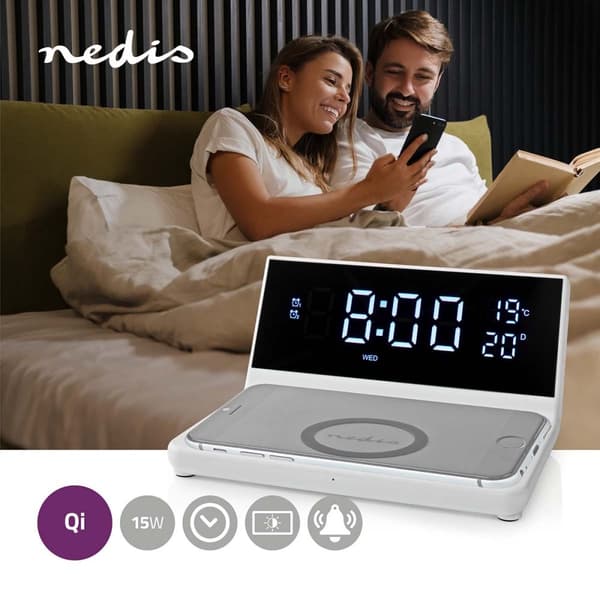 Nedis Trådlös laddare för Väckarklocka | Qi certifierad | 5 / 7.5 / 10 / 15 W | USB A-Hane | 2 Larmtider | Snooze-funktion