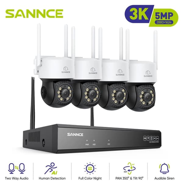 5MP Wi-Fi Overvågningskit, Pan & Tilt, Natvision,4 stykker 0TB