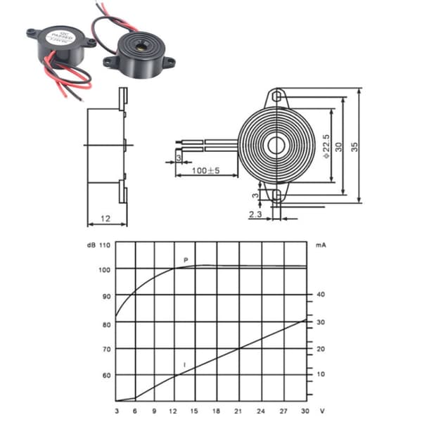 Sound Buzzer SFM-20B 95dB med piezoelektrisk teknik