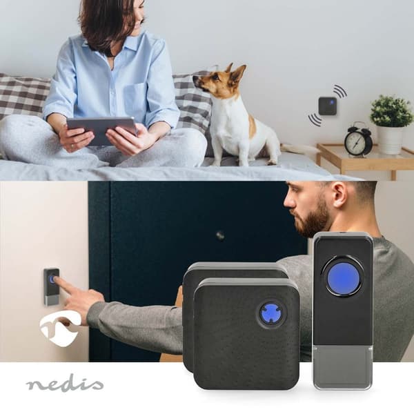 Nedis Langaton Ovikellosarja | Verkkovirtakäyttöinen | 100 - 240 V AC 50/60 Hz | 1x 23A 12V | Äänenvoimakkuus: 110 dB | Signaalin kantama: 150 m | IP5