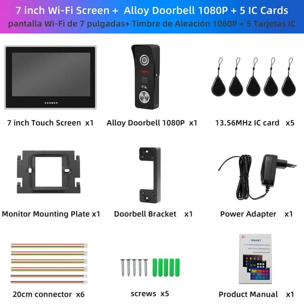 KARMEN WiFi Video Dørtelefon, 7 Tommer Touchskærm, 1080P Video Kvalitet, Induktiv Kortadgang,7 TOMMER