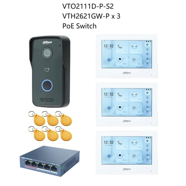 Dahua IP Video Intercom Kit, 7" Touchscreen Skærm, RFID Kort Låsning,1 DB 3 hvid skærm
