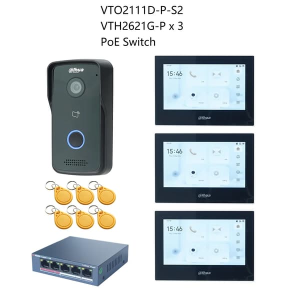 Dahua IP Video Intercom Kit, 7" Touchscreen Skærm, RFID Kort Låsning,1 DB 3 sort skærm