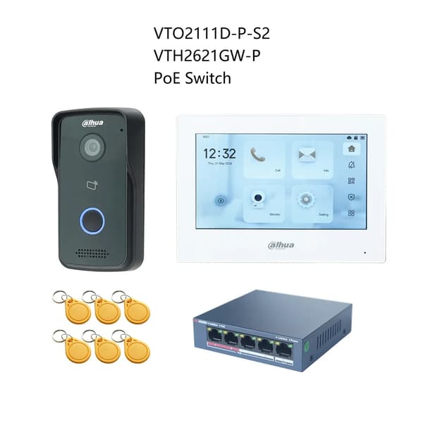 Dahua IP Video Intercom Kit, 7" Touchscreen Skærm, RFID Kort Låsning,1 DB 1 hvid skærm