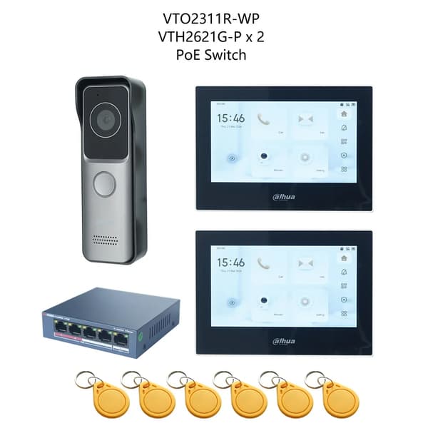 Dahua Video Intercom System, VTO2311R-WP Dørstation, PoE Switch inkluderet,1 DB 2 Sort Skærm