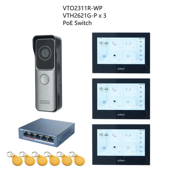 Dahua Video Intercom System, VTO2311R-WP Dørstation, PoE Switch inkluderet,1 DB 3 Sort Skærm
