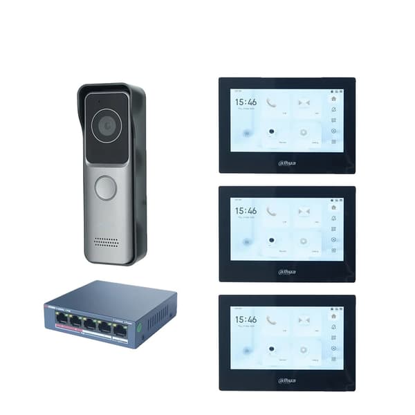 Dahua Video Intercom System, VTO2311R-WP Dørstation, PoE Switch inkluderet,1 DB 3 Sort Skærm