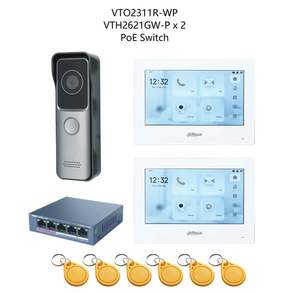 Dahua Video Intercom System, VTO2311R-WP Dørstation, PoE Switch inkluderet,1 DB 2 hvid Skærm