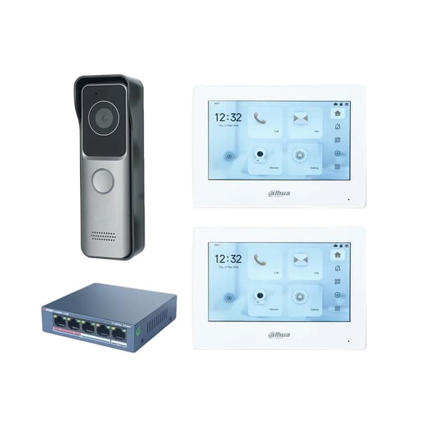 Dahua Video Intercom System, VTO2311R-WP Dørstation, PoE Switch inkluderet,1 DB 2 hvid Skærm