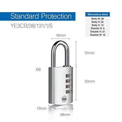 YALE YE3CB/38/131/1/S Riippulukko 38mm hopea yhdistelmälukko (YE3CB/38/131/1/S)