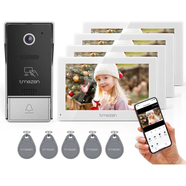 TMEZON Video Dørtelefon System, 1080P Opløsning, Fjernåbningsfunktion,4 skærme 1 dørklokke
