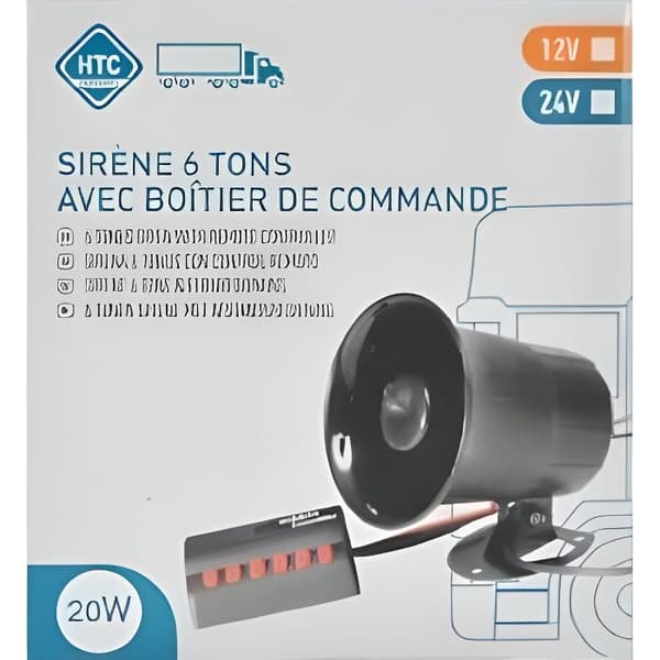 6-tons siren - HTC UTRUSTNING - 12V - Effekt 20W - Fjärrkontroll - Svart