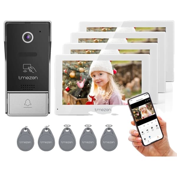 Smart Video Dørtelefon Intercom System, 1080P Opløsning, Håndfri Betjening,4 skærme 1 dørklokke