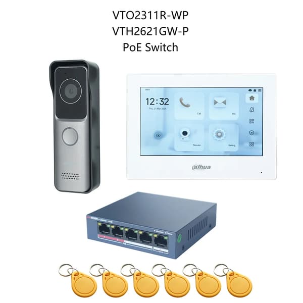 Dahua Video Intercom System, VTO2311R-WP Dørstation, PoE Switch inkluderet,1 DB 1 hvid Skærm