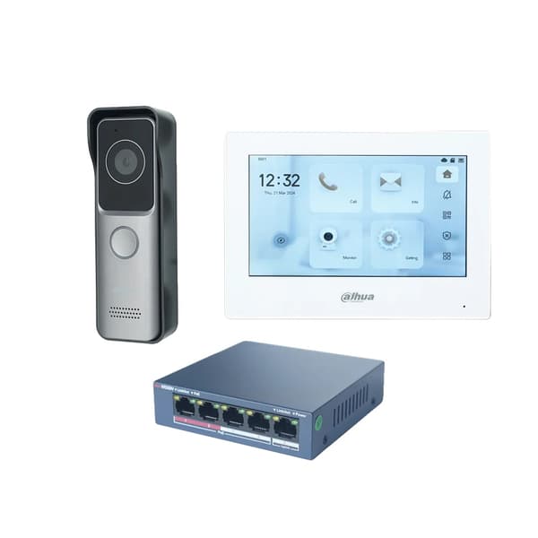 Dahua Video Intercom System, VTO2311R-WP Dørstation, PoE Switch inkluderet,1 DB 1 hvid Skærm