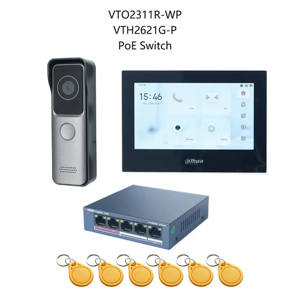 Dahua Video Intercom System, VTO2311R-WP Dörrstation, PoE-switch ingår,1 DB 1 Svart Skärm