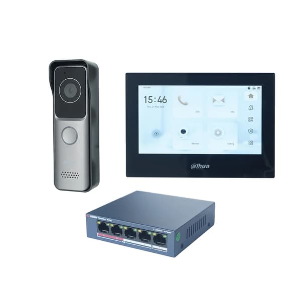 Dahua Video Intercom System, VTO2311R-WP Dörrstation, PoE-switch ingår,1 DB 1 Svart Skärm