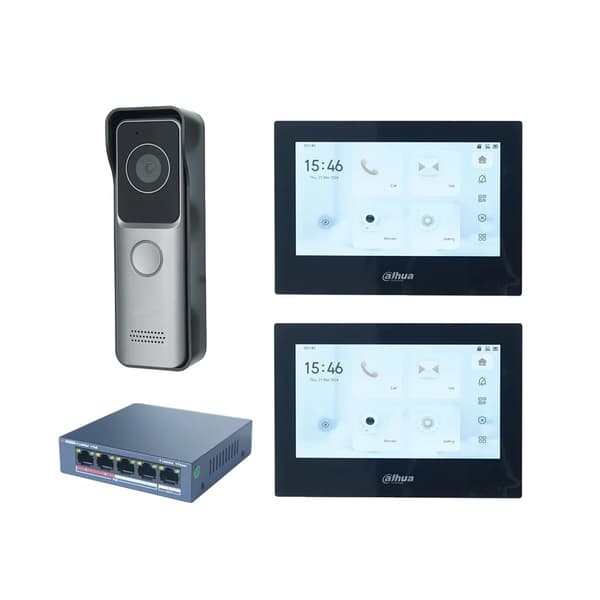 Dahua Video Intercom System, VTO2311R-WP Dörrstation, PoE-switch ingår,1 DB 2 Svart Skärm