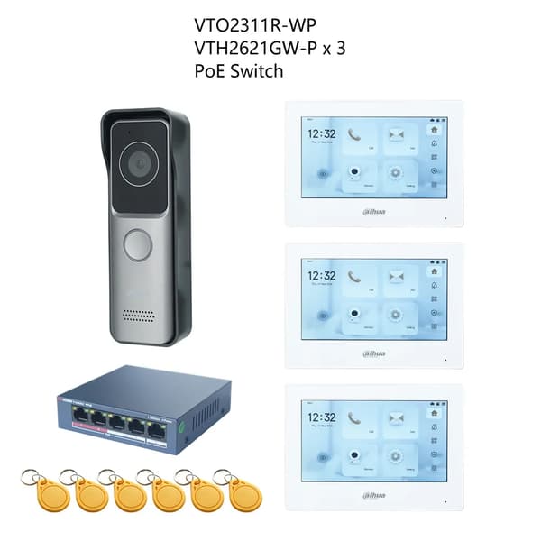 Dahua Video Intercom System, VTO2311R-WP Dørstation, PoE Switch inkluderet,1 DB 3 hvid Skærm