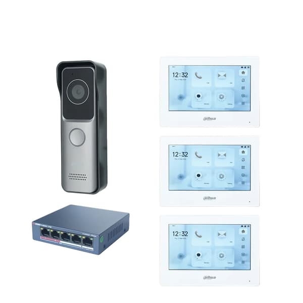 Dahua Video Intercom System, VTO2311R-WP Dørstation, PoE Switch inkluderet,1 DB 3 hvid Skærm