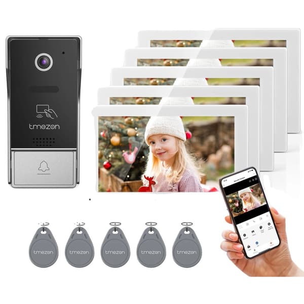 TMEZON Videodörrtelefon System, 1080P Upplösning, Fjärrupplåsningsfunktion,5 skärmar 1 dörrklocka