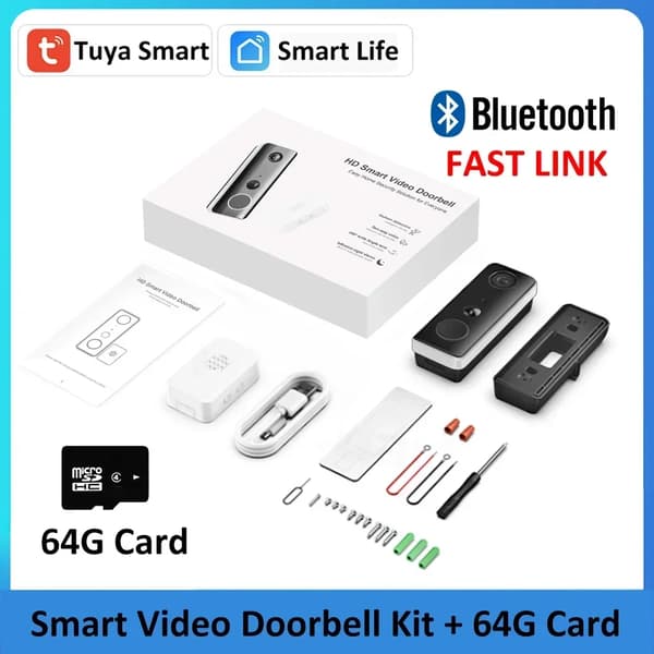 Video Dørklokke, 1080P Opløsning, 145° Synsvinkel, Vandtæt IP65,EU stik, Dørklokke Kit 64G
