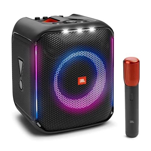 JBL PartyBox Encore Essential bærbar indendørs og udendørs festhøjttaler med indbygget lys, IPX4 stænksikkert design, dyb bas og 10 timers spilletid, Sort