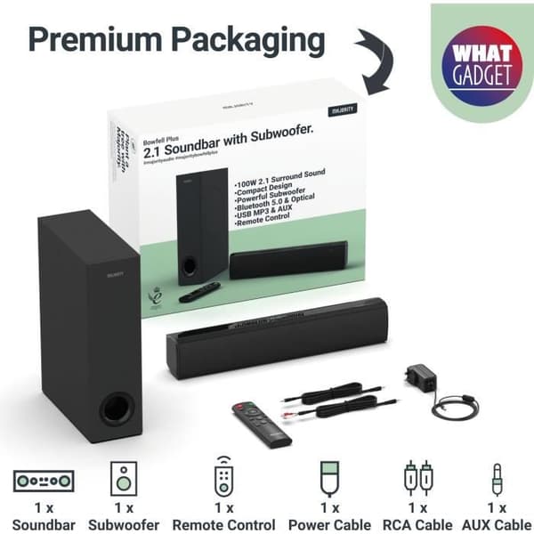 MAJORITY BOWFELL PLUS - 2.1 soundbar - Bluetooth, USB, Optisk och Aux-in - Trådbunden subwoofer - EQ-kontroll - 100W - Svart