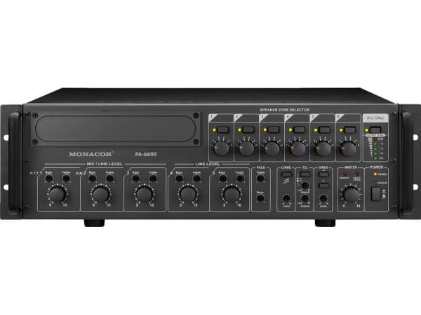 Monacor PA-6600, 5.0 kanaler, 850 W, 1%, 80 dB, 55 - 16000 Hz, Klemmer