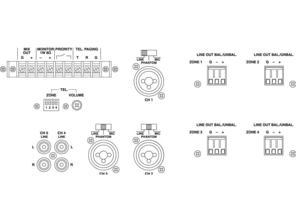 Monacor PA-4040MPX, 5.0 kanaler, 1%, 75 dB, 50 - 17000 Hz, Klemmer, 230 V