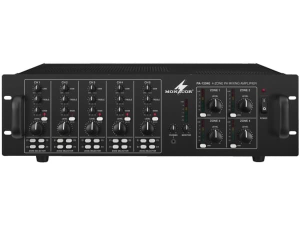 Monacor PA-12040, 5.0 kanavaa, 1 %, 75 dB, 50 - 17000 Hz, 230 V, 50 Hz