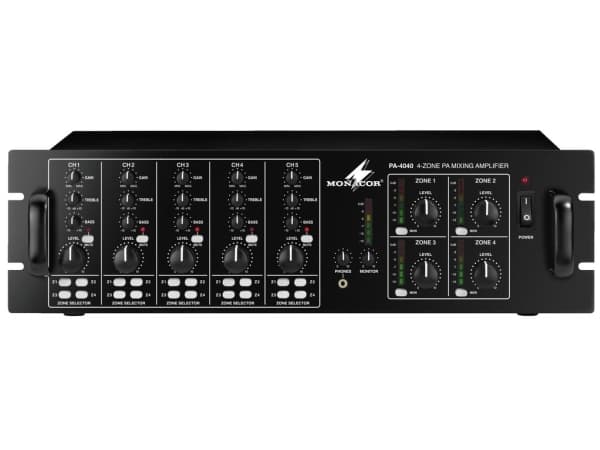 Monacor PA-4040, 5.0-kanavainen, 65 W, 1%, 75 dB, 50 - 17000 Hz, puristusliitännät