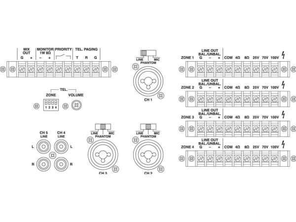 Monacor PA-4040, 5.0-kanavainen, 65 W, 1%, 75 dB, 50 - 17000 Hz, puristusliitännät