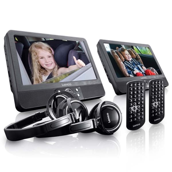 Lenco 2x 9" bærbar DVD-afspiller med USB SD indbygget batteri hovedtelefoner og beslag Sort