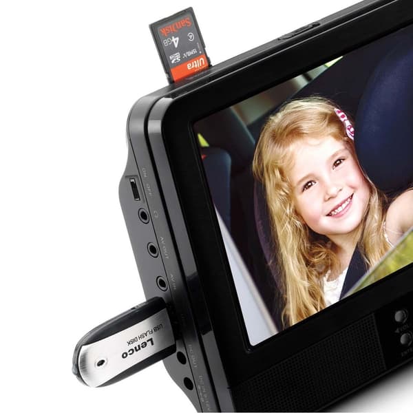Lenco 2x 9" bærbar DVD-afspiller med USB SD indbygget batteri hovedtelefoner og beslag Sort