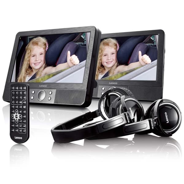 Lenco 9 tommer DVD-dobbeltskærm med beslag og hovedtelefoner Sort