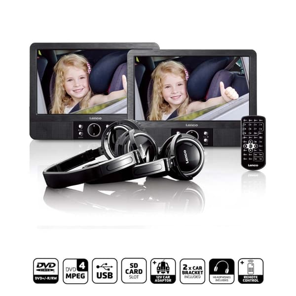 Lenco 9 tommer DVD-dobbeltskærm med beslag og hovedtelefoner Sort