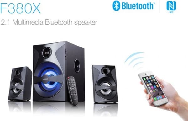 Tietokonekaiuttimet Fenda F&amp;D F380X 2.1 multimediakaiuttimet, 54 W RMS (13 Wx2 + 28 W), 2x3 tuuman satelliitit + 5,25 tuuman subwoofer, BT 5.0/NF